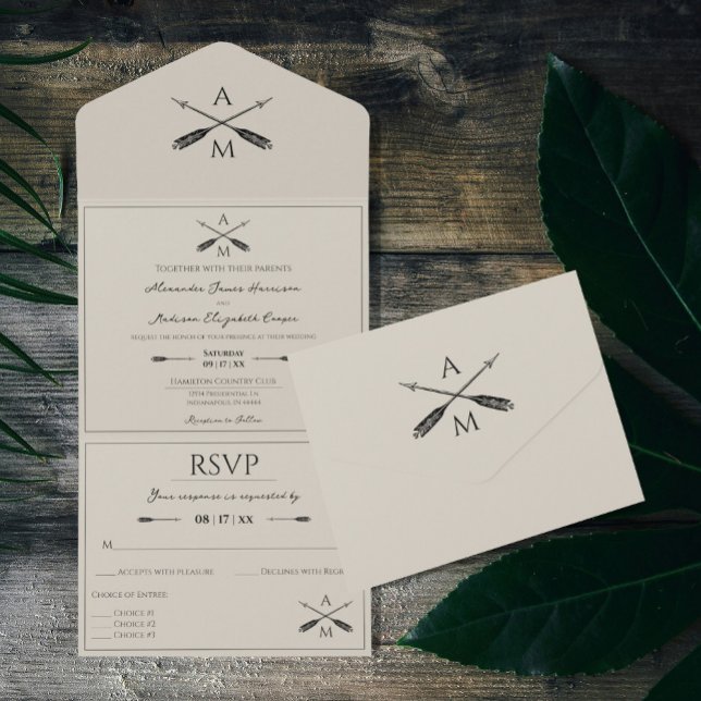 Invitación Todo En Uno Flechas y monogramas Boda | Beige (Beige Arrows and Monograms Wedding All in One Invitation)