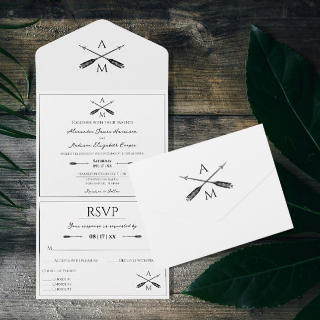 Invitación Todo En Uno Flechas y monogramas Boda | Blanca (White Arrows and Monograms Wedding All in One Invitation)