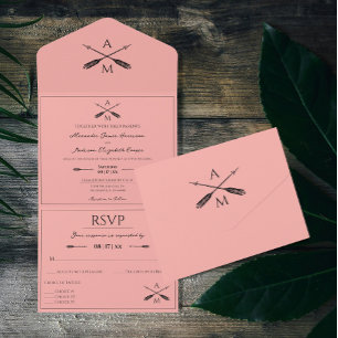 Invitación Todo En Uno Flechas y monogramas Boda Coral