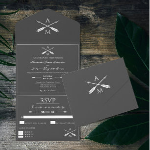 Invitación Todo En Uno Flechas y monogramas Boda   Gris carbón