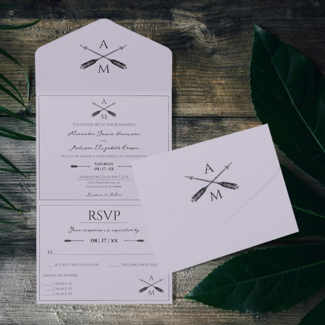 Invitación Todo En Uno Flechas y monogramas Boda | Lavanda (Lavender Arrows and Monograms Wedding All in One Invitation)