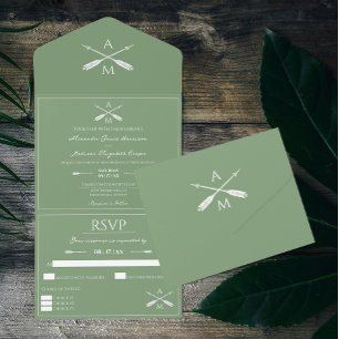 Invitación Todo En Uno Flechas y monogramas Boda   Moss Green