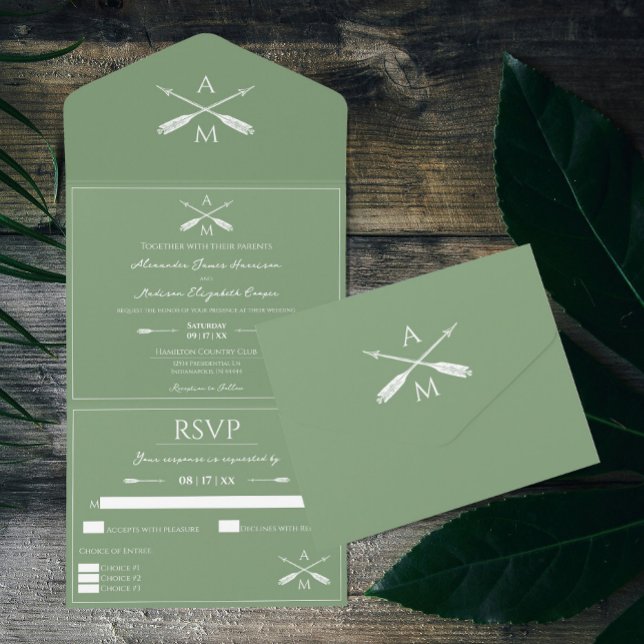 Invitación Todo En Uno Flechas y monogramas Boda | Moss Green (Moss Green Arrows and Monograms Wedding All in One Invitation)