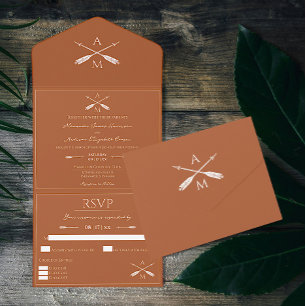Invitación Todo En Uno Flechas y monogramas Boda Naranja quemado