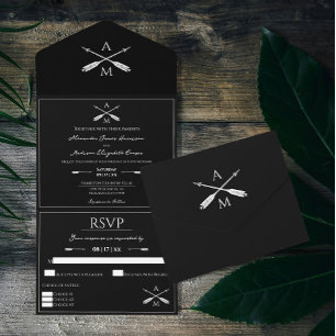 Invitación Todo En Uno Flechas y monogramas Boda   Negra