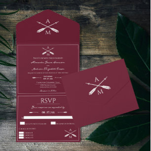 Invitación Todo En Uno Flechas y monogramas Boda Rojo vino