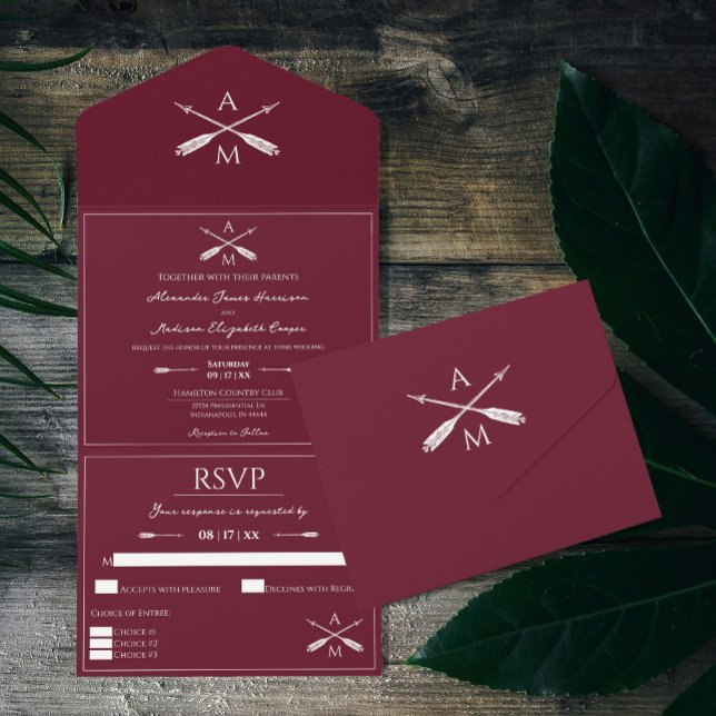 Invitación Todo En Uno Flechas y monogramas Boda | Rojo vino (Wine Red Arrows and Monograms Wedding All in One Invite)