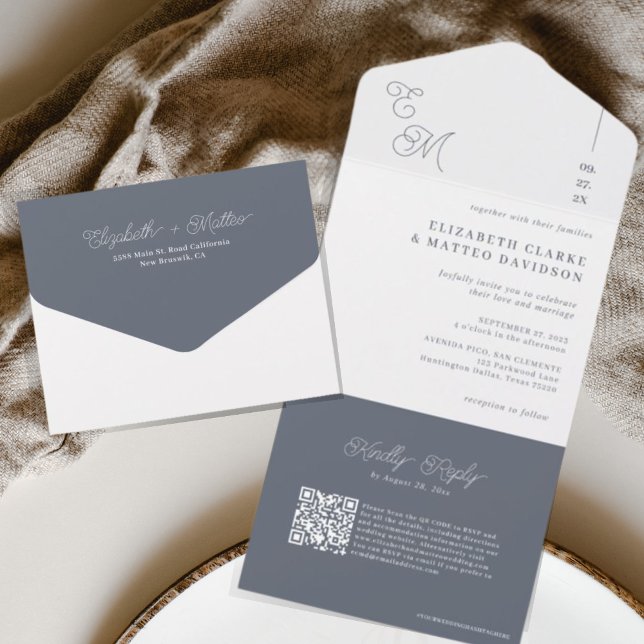 Invitación Todo En Uno Fleet Gray | Código QR del Boda de monograma Minim (Subido por el creador)