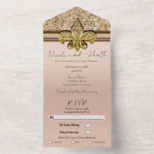 Invitación Todo En Uno Fleur-de-lis Rosa Rubor Dorado Brillo Glam Nupcial