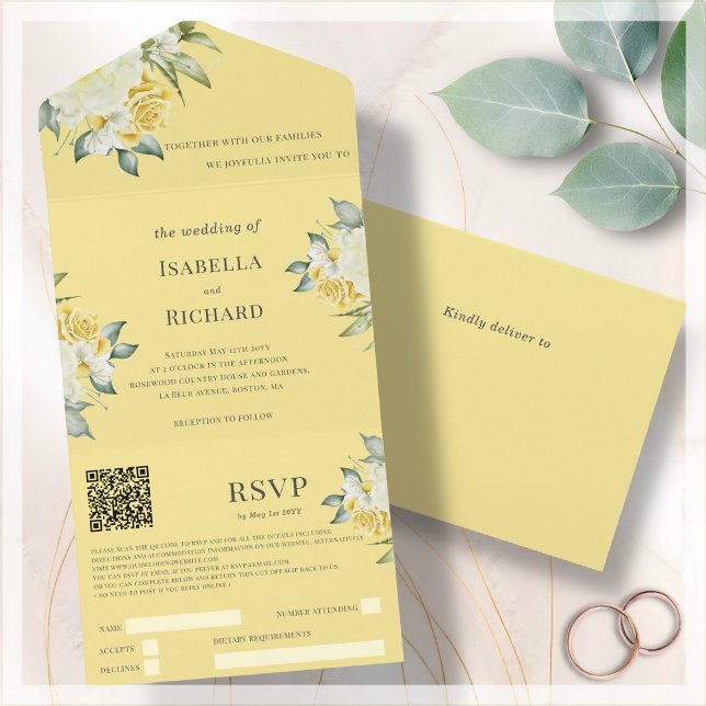 Invitación Todo En Uno Flor amarillo mostaza | Boda QR Code RSVP (Subido por el creador)