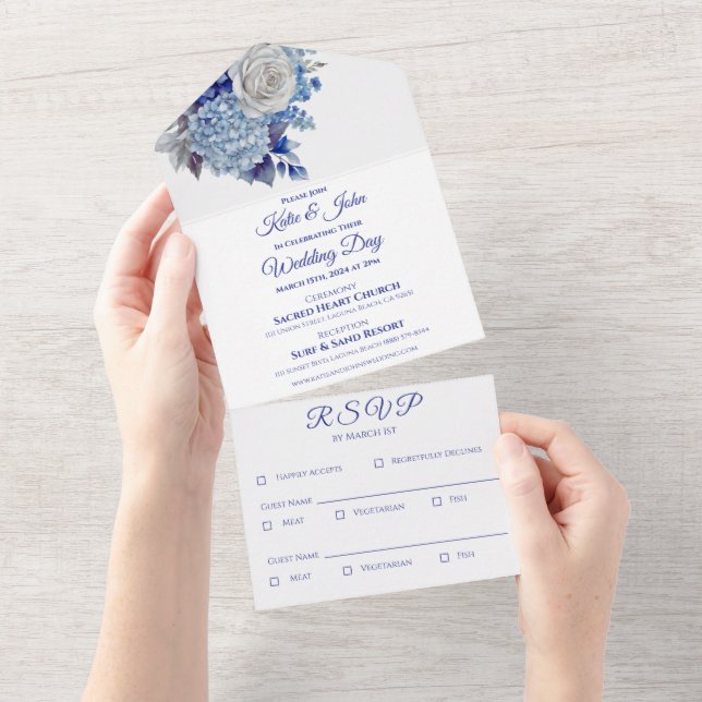 Invitación Todo En Uno Flor azul acuarela Bouquet-blanco-Boda- (desgarro)