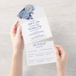 Invitación Todo En Uno Flor azul acuarela Bouquet-blanco-Boda-