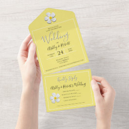 Invitación Todo En Uno Flor blanca de Plumeria en Boda amarillo y moderno