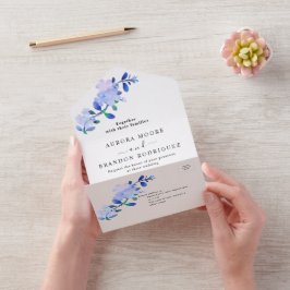 Invitación Todo En Uno flor de hojas estilo acuarela en azul polvoriento 