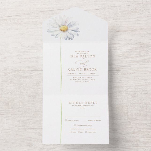 Invitación Todo En Uno Flor de margarita blanca Minimalista elegante Boda (Interior)