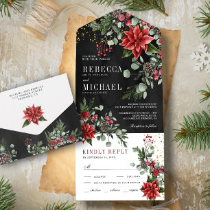 Invitación Todo En Uno Flor de Nochebuena Rústica Navideña Boda Negra
