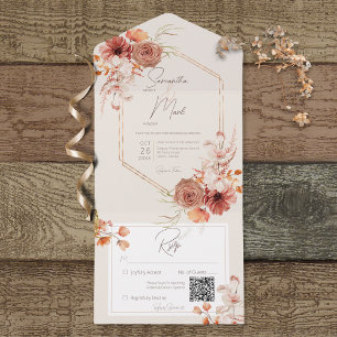 Invitación Todo En Uno Flor de otoño de boho en el código QR cream
