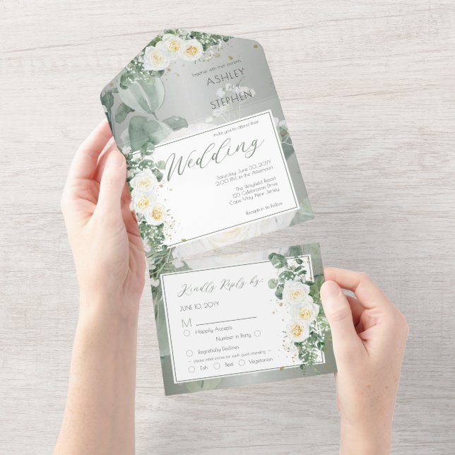 Invitación Todo En Uno Flor de rosa blanca Boho | Boda Eucalyptus (desgarro)
