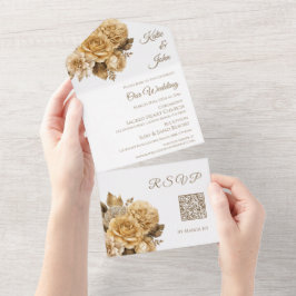 Invitación Todo En Uno Flor neutra Bouquet-Boda blanco código QR-