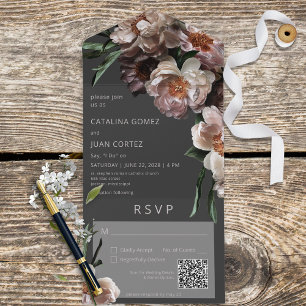 Invitación Todo En Uno Flor oscura moderna florece negro código QR