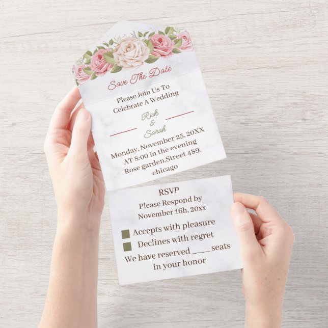Invitación Todo En Uno Flor Rosa Personalizada Guardar La Fecha (desgarro)