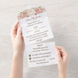 Invitación Todo En Uno Flor Rosa Personalizada Guardar La Fecha