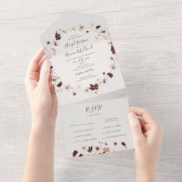 Invitación Todo En Uno Flor silvestre de cobre de Borgoña | Sello beige y