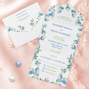 Invitación Todo En Uno Flor silvestre me olvida no azul y color de agua b