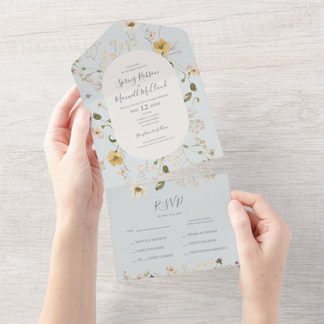 Invitación Todo En Uno Flor silvestre primavera | Sello Azul Claro Y Envi (desgarro)