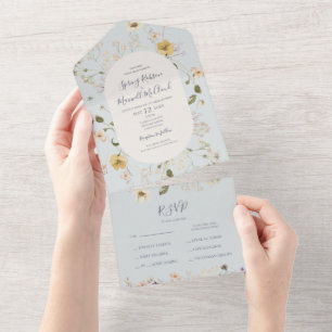 Invitación Todo En Uno Flor silvestre primavera   Sello Azul Claro Y Envi