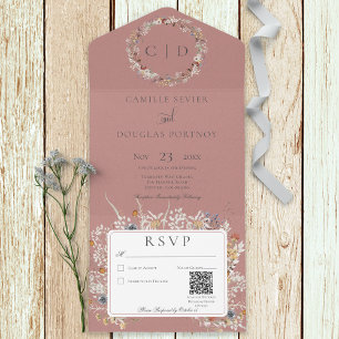 Invitación Todo En Uno Flor silvestre rosa Código QR todo en una sola inv