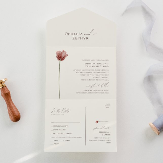 Invitación Todo En Uno Flor silvestre simple | Sello beige y envío (Subido por el creador)