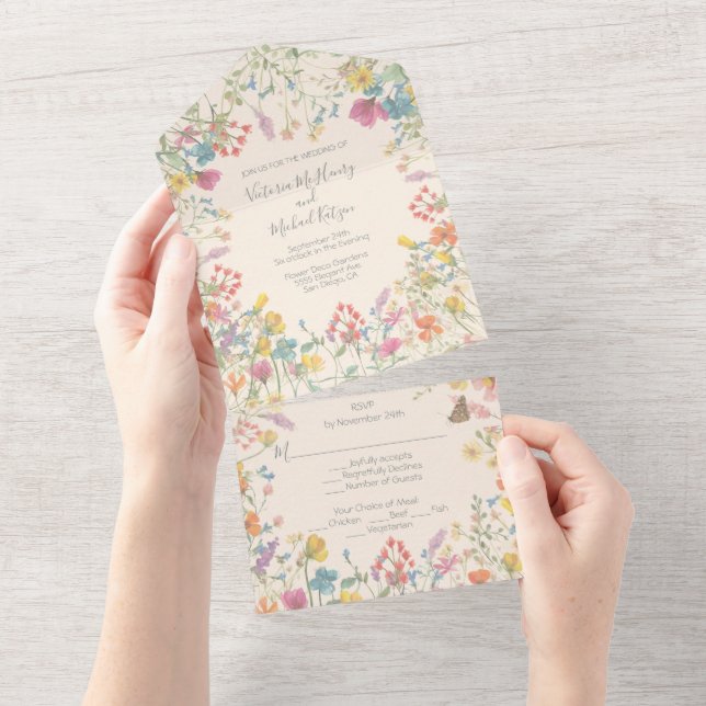 Invitación Todo En Uno Flor silvestre suave delicada boda floral boho (desgarro)