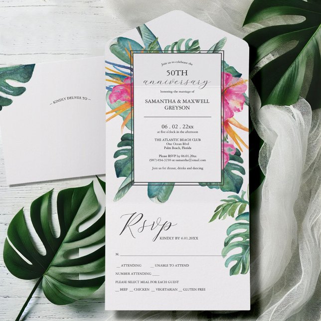 Invitación Todo En Uno Flor tropical 50 años Boda (50th wedding anniversary invitations with rsvp watercolor tropical floral art Victoria Grigaliunas)
