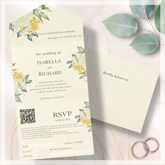 Invitación Todo En Uno Flora amarilla | Boda QR Code RSVP (Subido por el creador)
