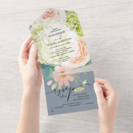 Invitación Todo En Uno Floral acuarela sobre Boda azul turbio