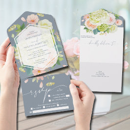 Invitación Todo En Uno Floral acuarela sobre Boda azul turbio
