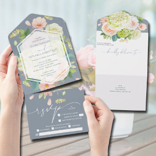 Invitación Todo En Uno Floral acuarela sobre Boda azul turbio