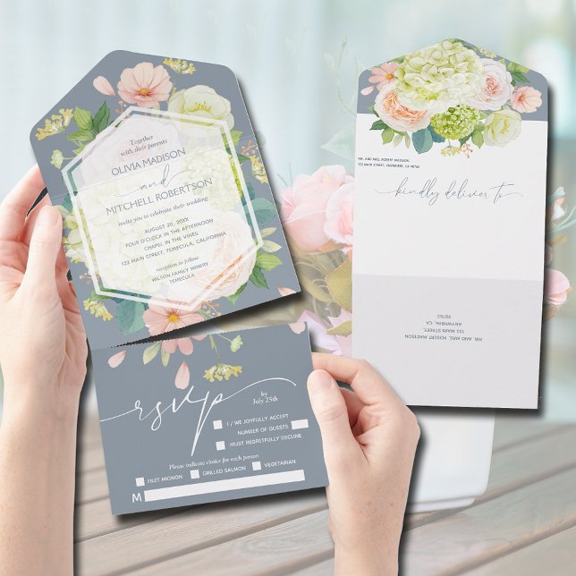 Invitación Todo En Uno Floral acuarela sobre Boda azul turbio (Subido por el creador)