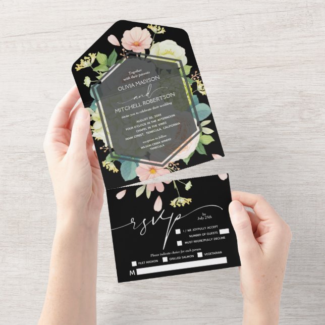 Invitación Todo En Uno Floral acuarela sobre Boda negro (desgarro)