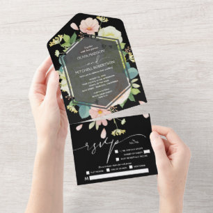 Invitación Todo En Uno Floral acuarela sobre Boda negro
