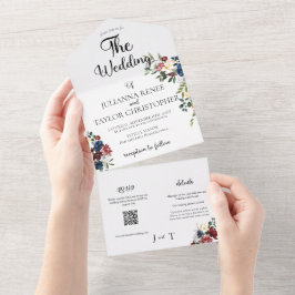 Invitación Todo En Uno Floral acuática marina y borgoña