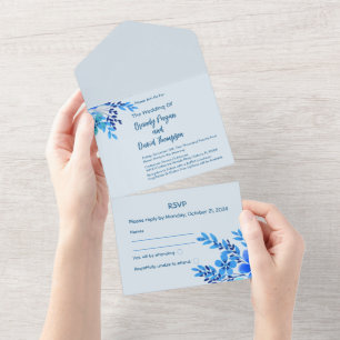 Invitación Todo En Uno Floral azul acuarela todo en una sola boda