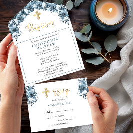Invitación Todo En Uno Floral azul acuático | Faux Gold Boy Baptism