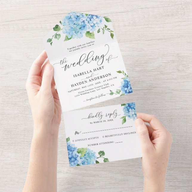 Invitación Todo En Uno Floral azul claro Botánico Hydrangea Boho Boda (desgarro)