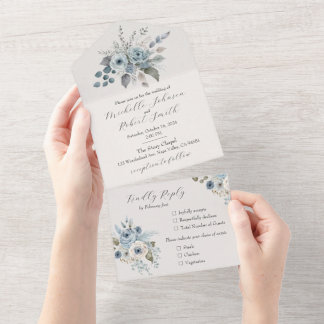 Invitación Todo En Uno Floral azul invernal