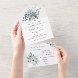 Invitación Todo En Uno Floral azul invernal