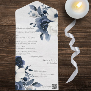 Invitación Todo En Uno Floral azul invernal en el código QR blanco enmara
