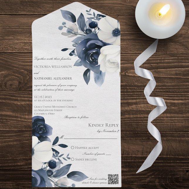 Invitación Todo En Uno Floral azul invernal en el código QR blanco enmara (Subido por el creador)
