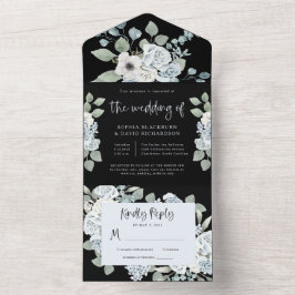 Invitación Todo En Uno Floral azul negro y turbio | Boda de acuarela